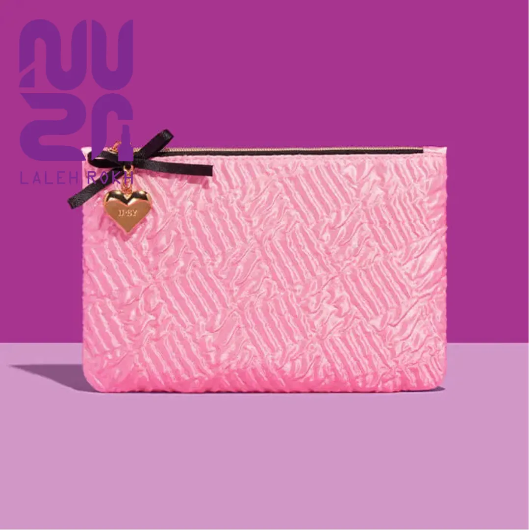 IPSY Pink Ruffled Makeup Bag with Gold Heart Zipper Pull & Black Bow